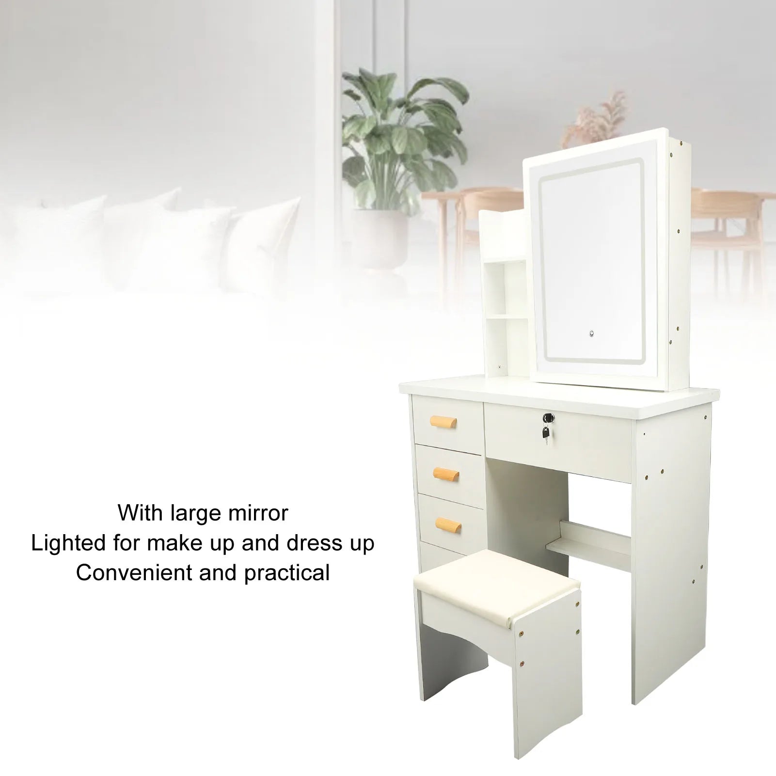 Vanity table dressing modern multi functional lighted mirror desk with drawers shelves padded stool for bedroom