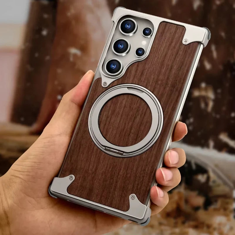Oatsbasf solid wood phone case for samsung galaxy s25 s24 ultra with magsafe 360° rotatable ring stand protective cover