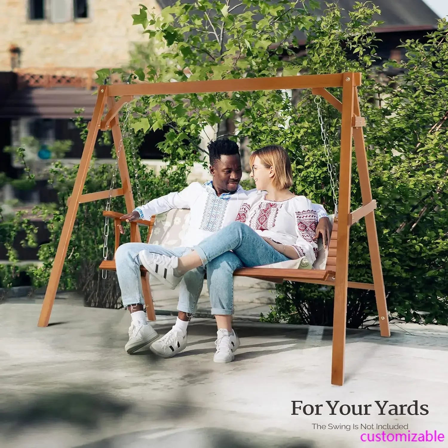 Heavy duty 660 lbs wooden swing frame with extra bottom connection board upgraded a-frame porch bench stand for outdoor