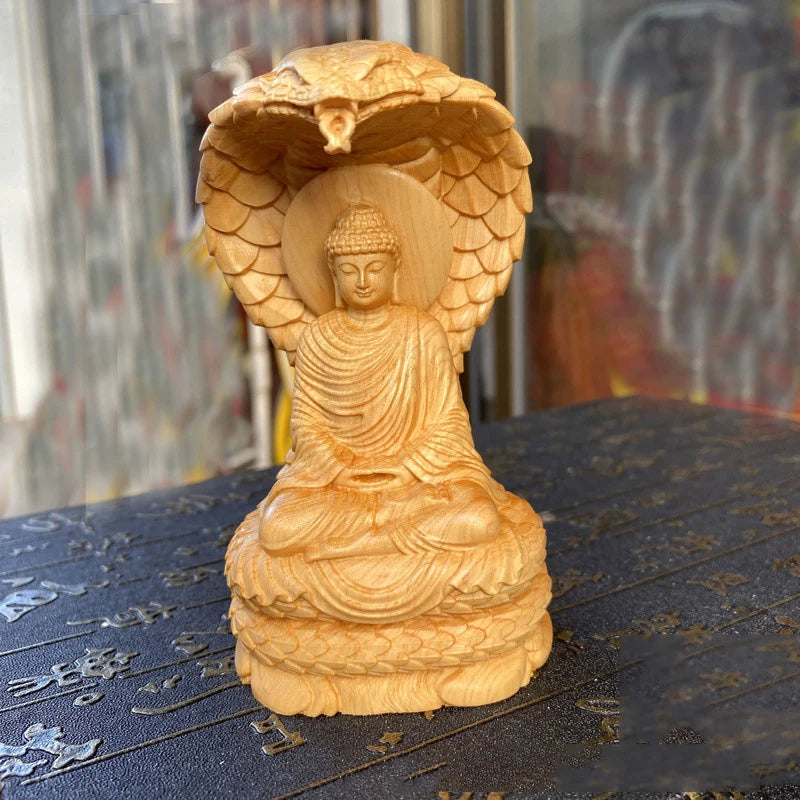 Snake buddha statue 4.72’’ cliff cypress wood carving protecting figurine living room ornaments home interior decor