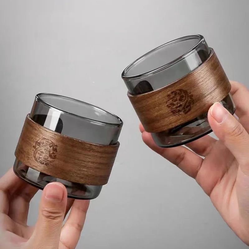 Japanese style 150ml heat-resistant glass tea cup with scald proof wooden holder kungfu set master household coffee mug