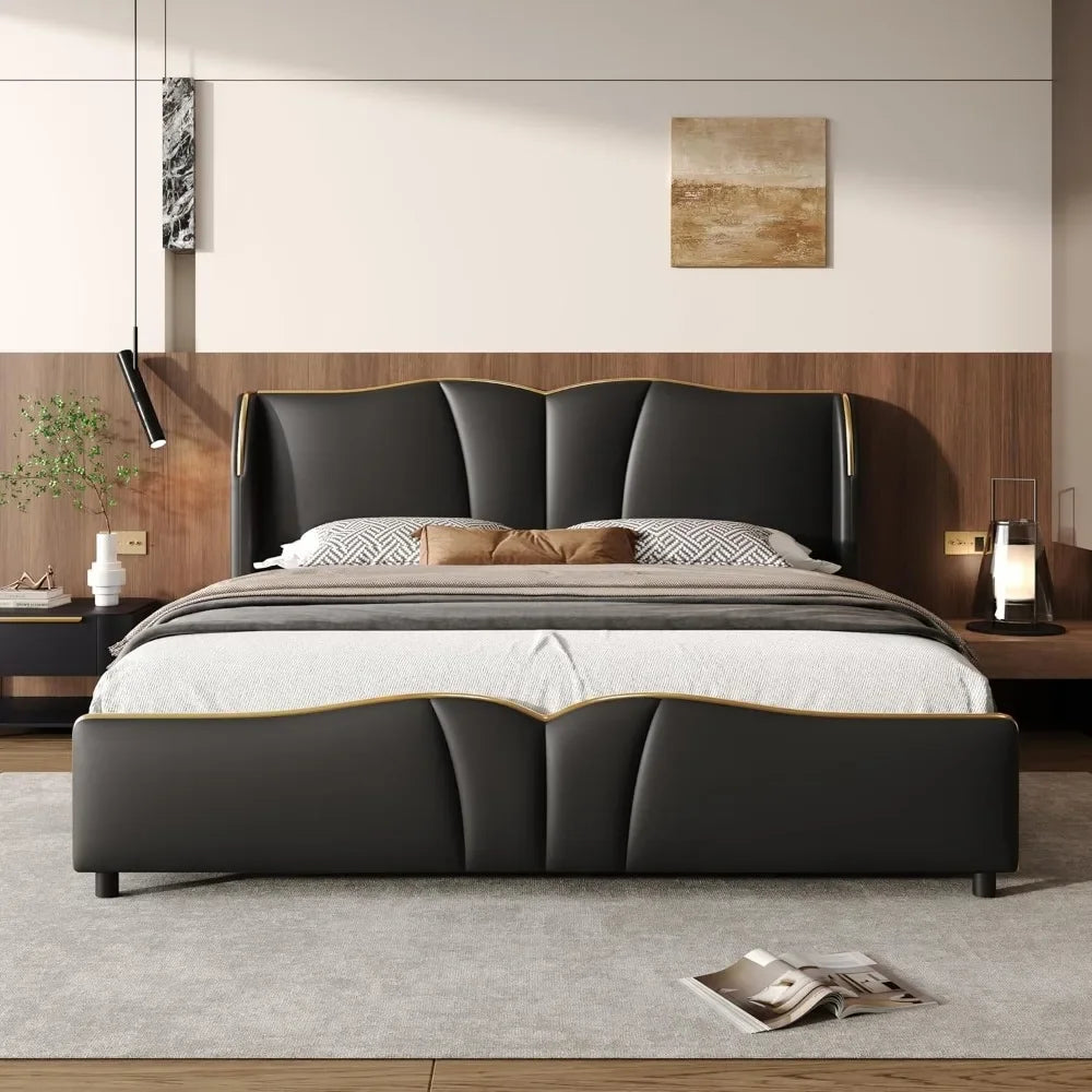 Modern luxury leather platform bed frame - wingback headboard & wavy footboard no box spring required