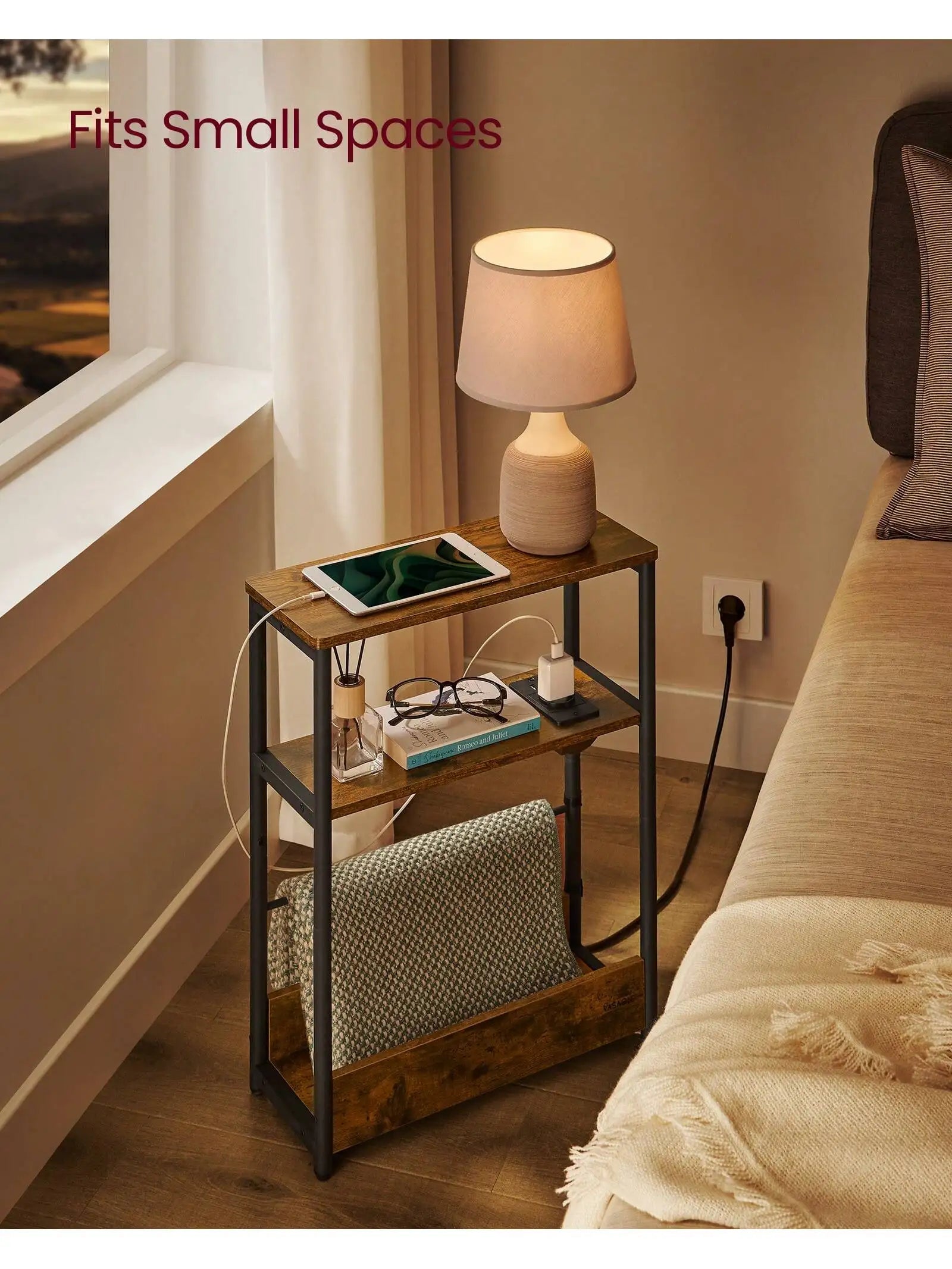 Vasagle side table with charging station narrow end 3-tier nightstand sofa for small spaces magazine rack fo - olive