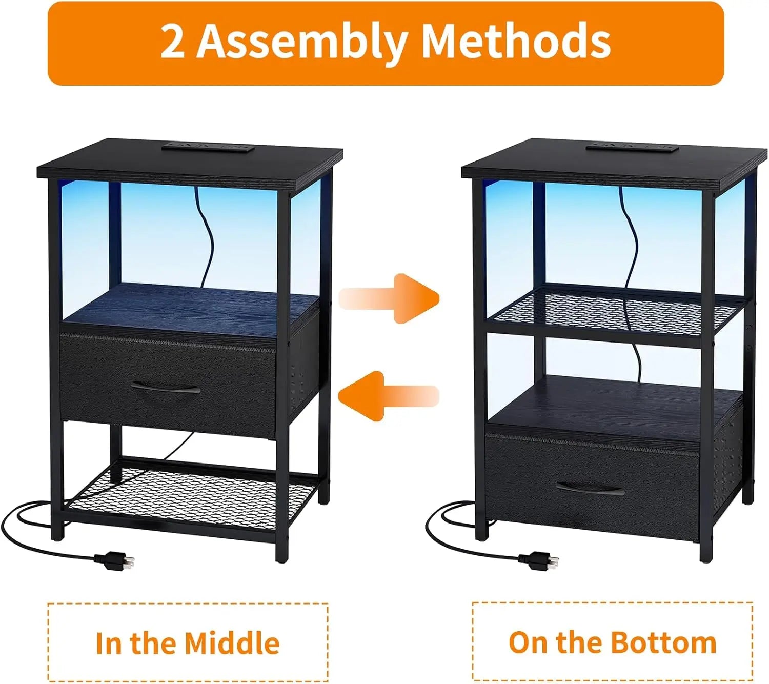 Night stand set of 2 with charging station led nightstand fabric drawers end table pu finish bed side black - black2