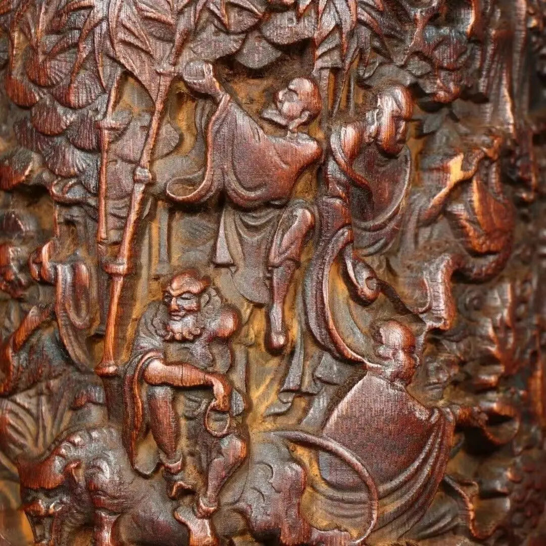Chinese wood brush pot old bamboo carved buddha arhat pen holder collection - religious (buddhist)