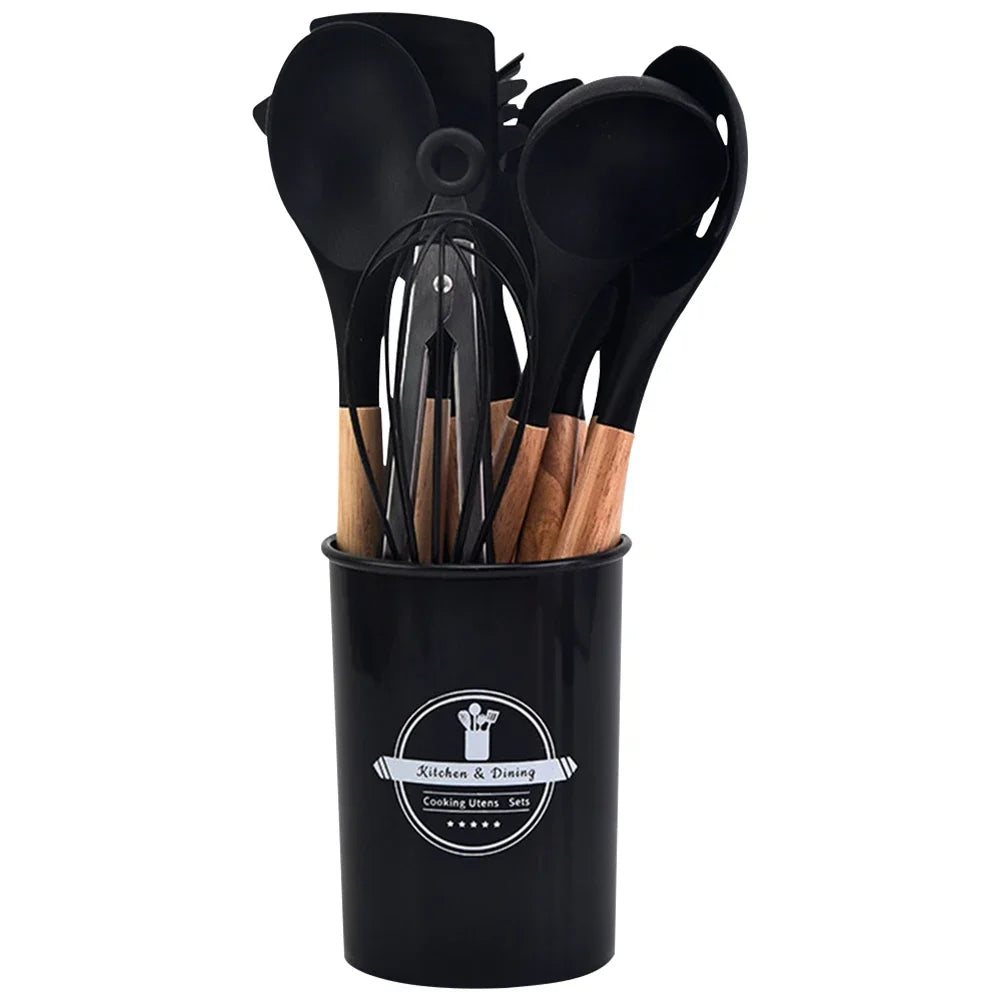 12pcs kitchen utensil set heat-resistant cookware wooden handle with holder spatula spoon brush whisk supplies - black