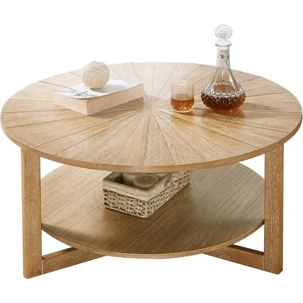 Wood round coffee table for living room 2 tier circle rustic with storage apartment