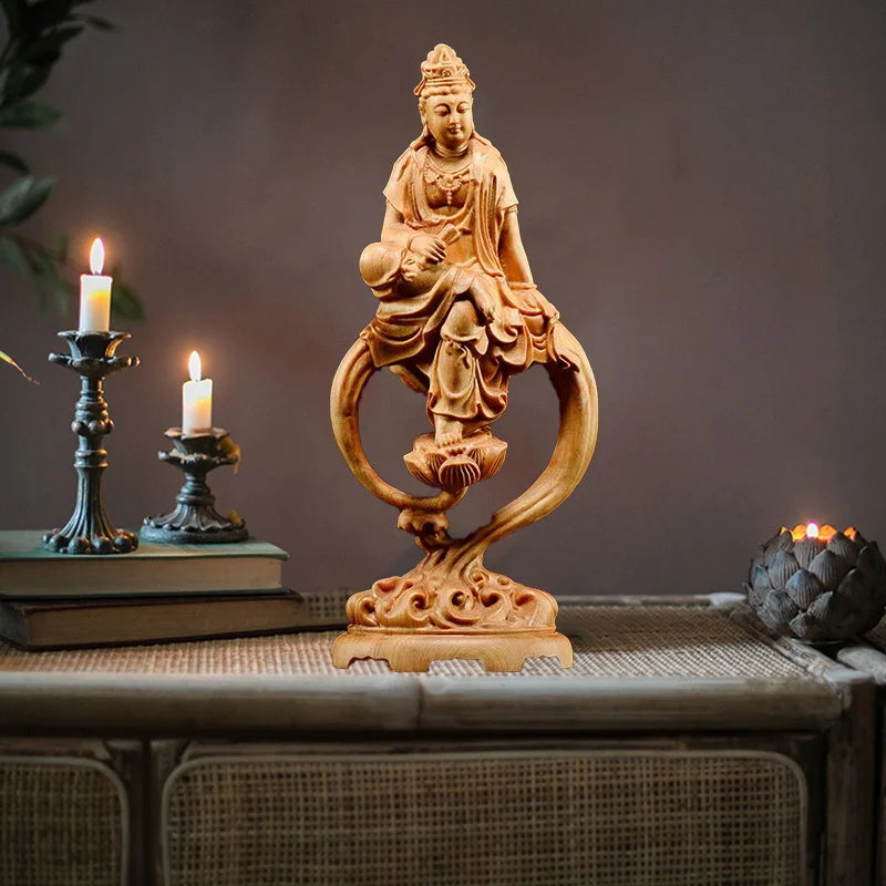 Wooden guanyin buddha bodhisattva statue hand-carved buddhism figure home room office feng shui 7.07 in - 1 - religious