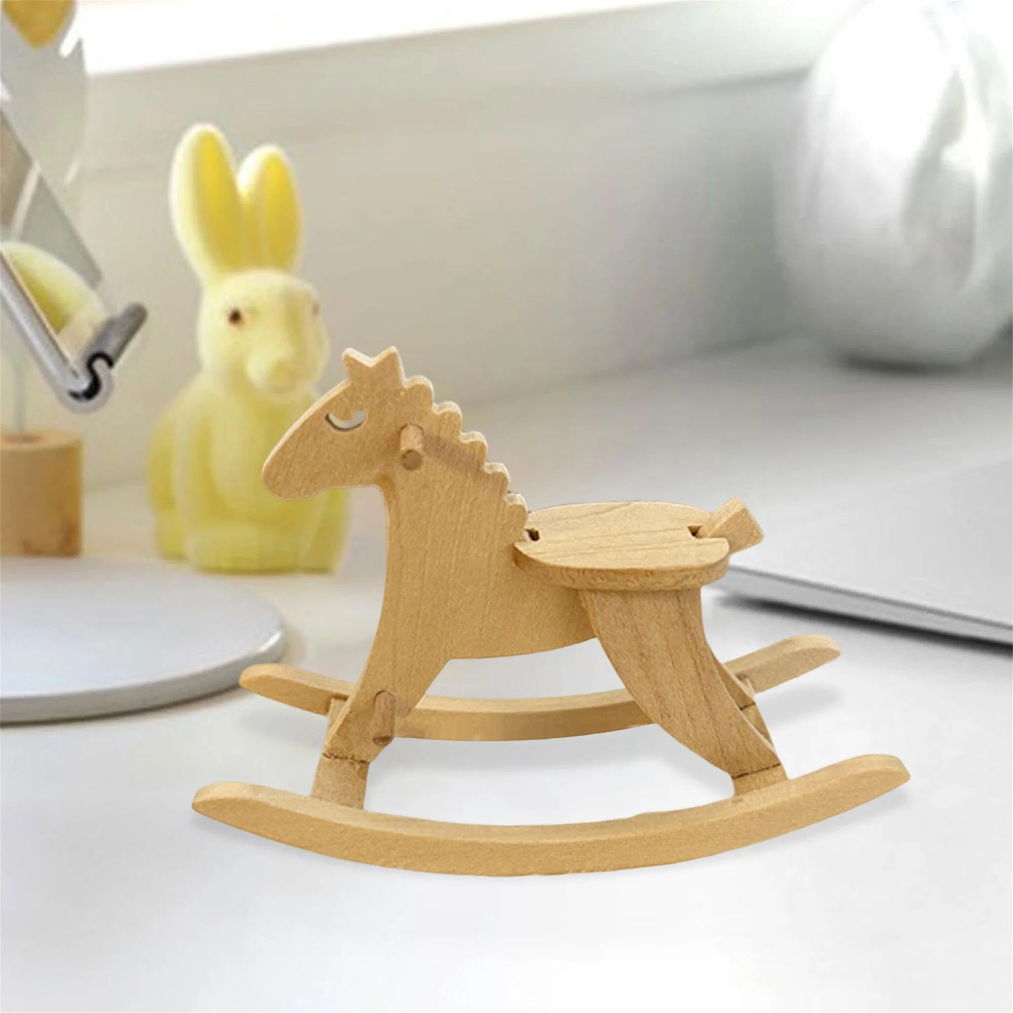 Vintage wooden rocking horse miniature figurine for dollhouse decor and photo props in mini scene shooting - light
