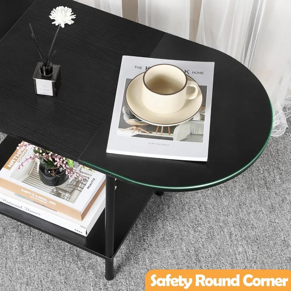 Coffee tables for living room,2-tier small table industrial modern black with storage shelf and wood tableto - united