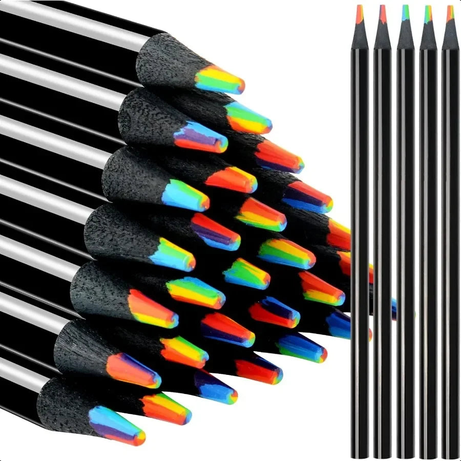 48 pcs 7 in 1 black wooden rainbow pencils bulk multicolored assorted colors art plies for adults drawing coloring sket