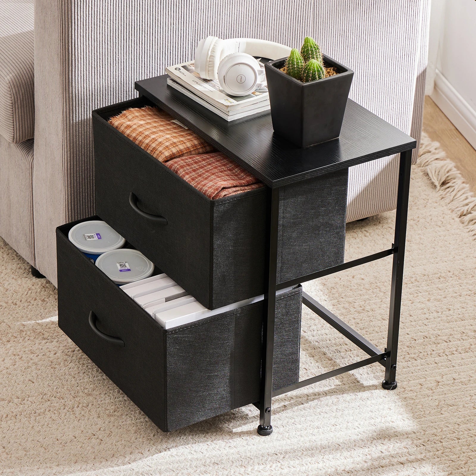 Jhk nightstand bedside coffee sofa tea table storage closet chest clothes display for bedroom 2 fabric drawers cabinet