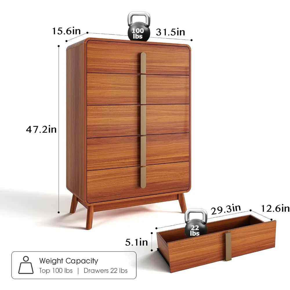 5 drawer dresser,mid century modern dresser with storage,tall chest of drawers metal handles,large wood organ