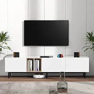 Modern tv stand with 6 cabinets & 2 open storage space mordern wood entertainment center for tvs up to 80” sturdy