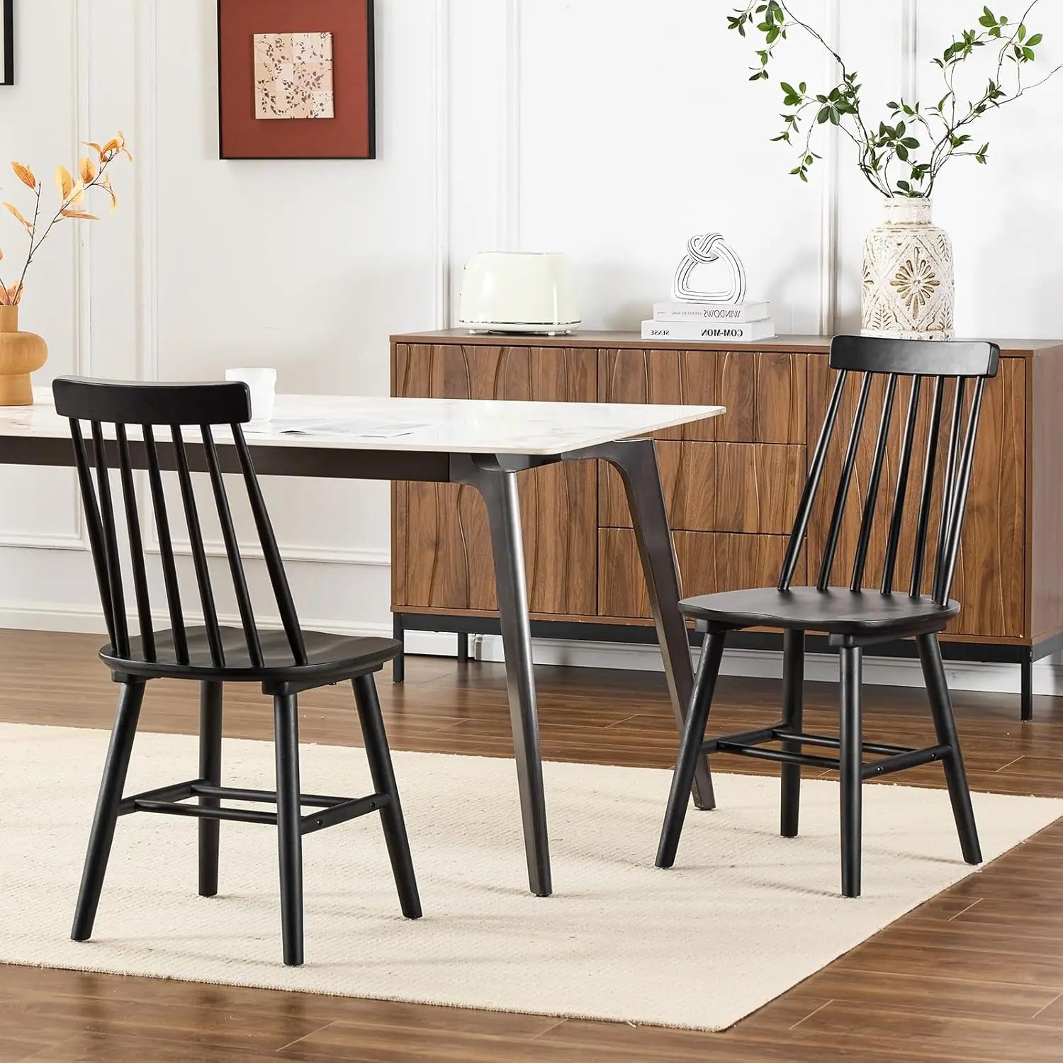 Black wooden dining chairs set of 2 wood room chair spindle side country farmhouse windsor for kitchen and - black