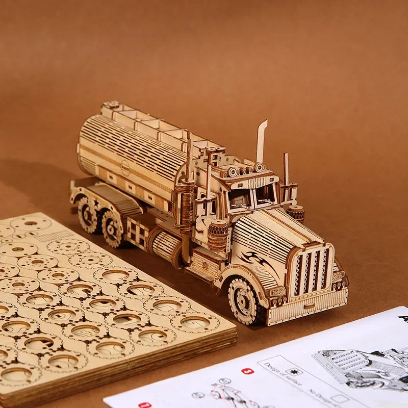 Diy 3d wooden puzzles money box piggy bank fuel truck model building block kits assembly jigsaw toy gift for children