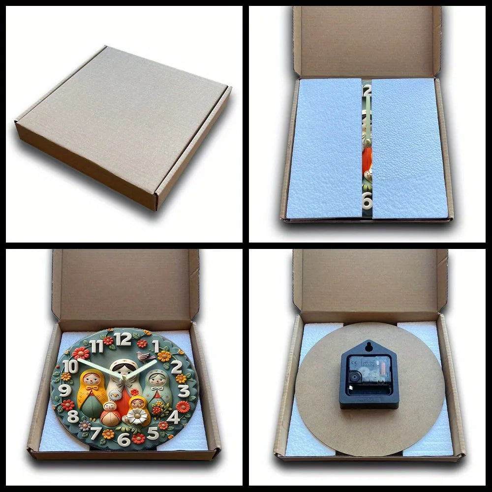 Wooden wall clock with russian matryoshka dolls pattern perfect for home decor. Requires aa batteries