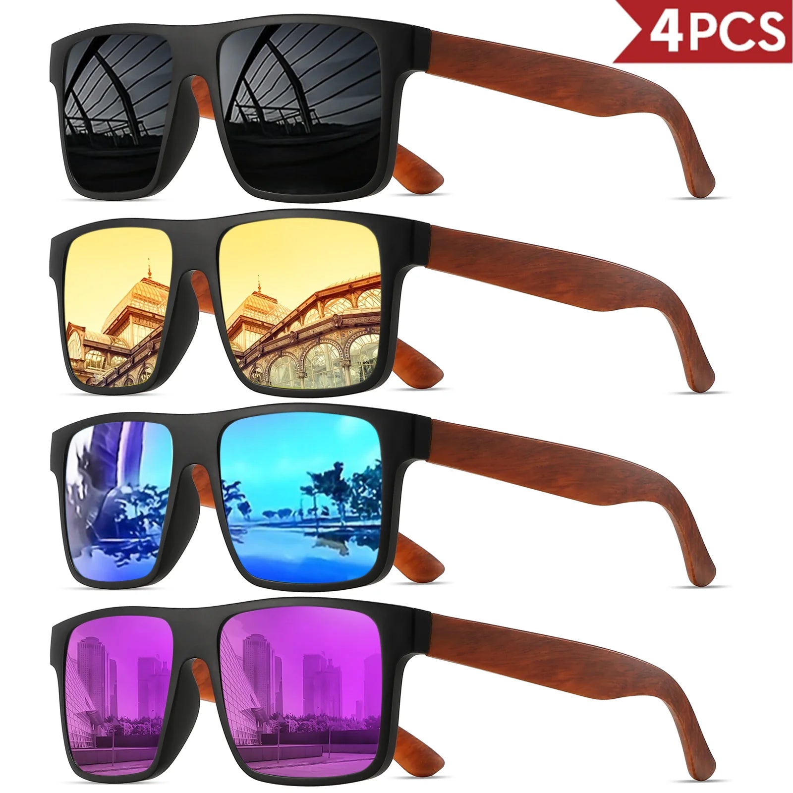 4pcs polarized retro square sunglasses - mahogany wood grain temples & spring hinges uv400 for driving/travel/outdoor