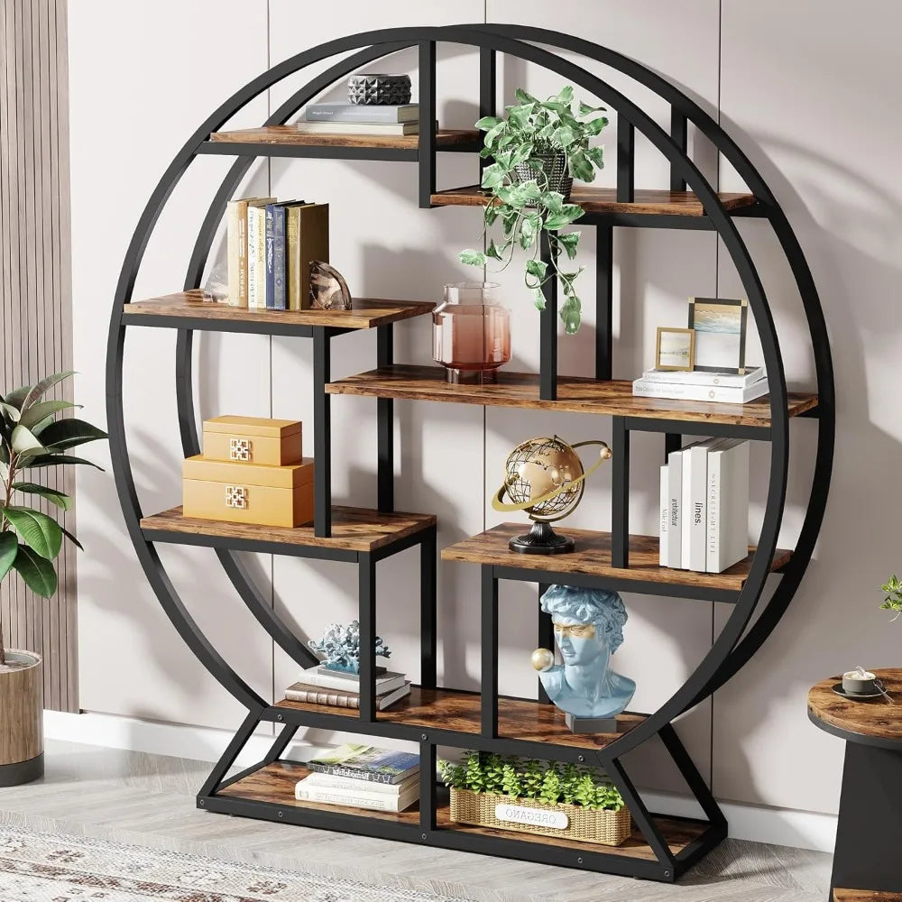 Bookshelf round bookshelves etagere bookcase 63 inch industrial wood book shelf with staggered shelves rustic open