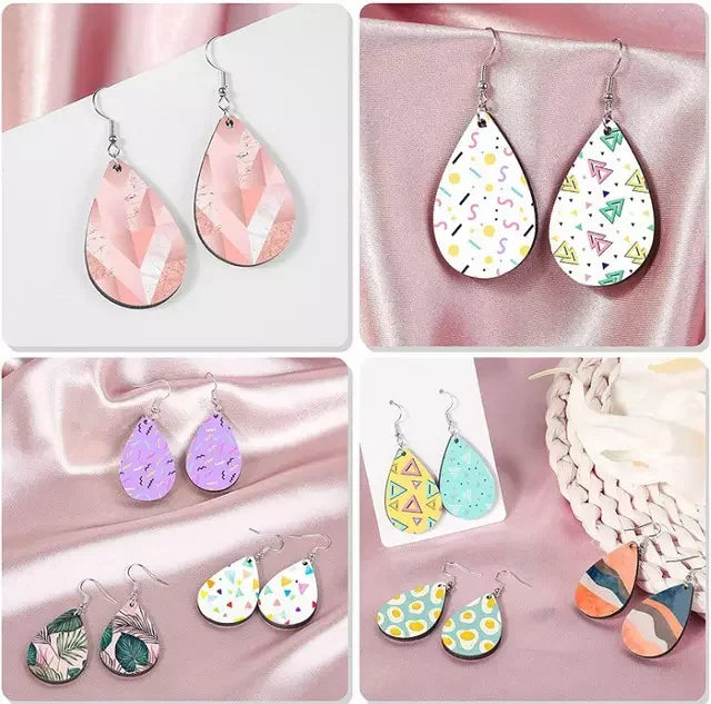 Free shipping 50pairs/lot teardrop double sides sublimation wooden trendy fashion hoop earrings for women girl diy