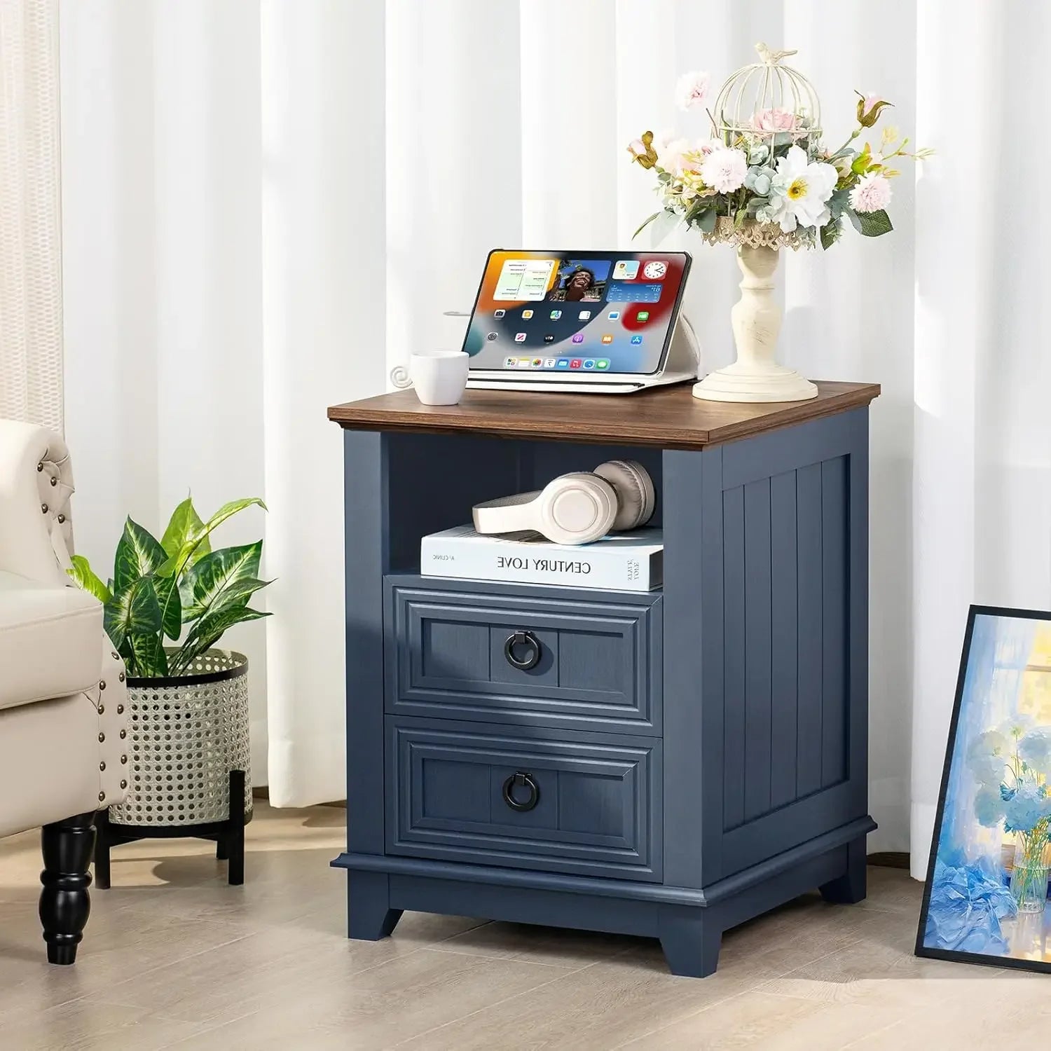 18’’ farmhouse night stand with charging station 2 drawers end table dresser for bedroom blue wooden nightstand bed side