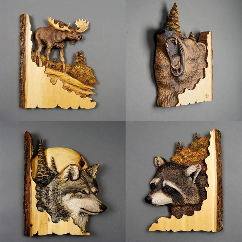 Animal carving handcraft wall hanging sculpture wooden raccoon bear deer fox wolf hand drawn decoration home living