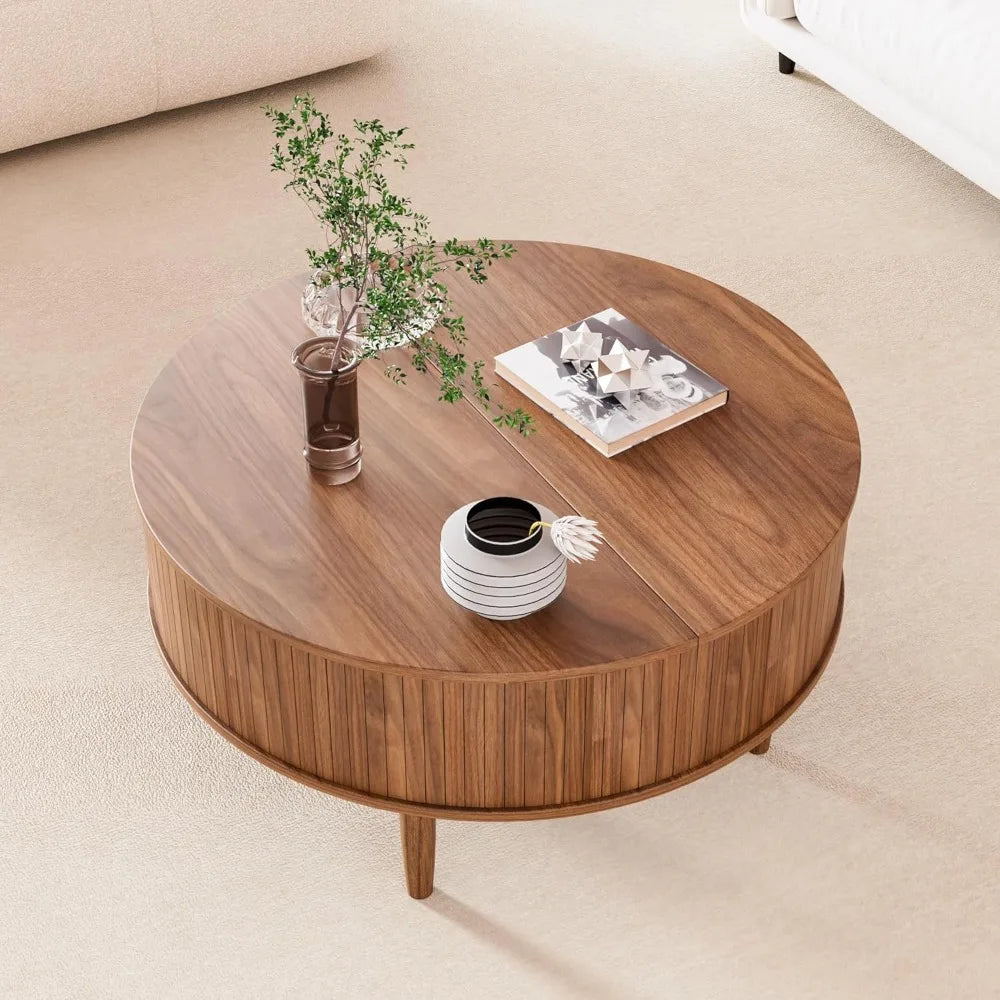 Round fluted lift top coffee table with storage mid century modern for living room home small space