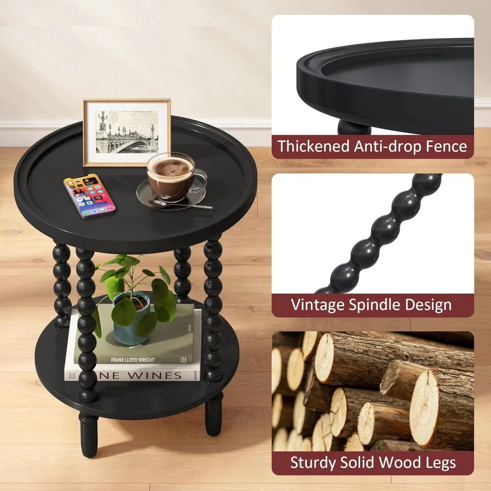 Round end table with storage shelf 2 tier couch side wood coffee for living room bedroom black 19.3 * 25 - united states