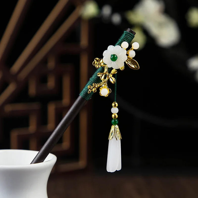 1pc wooden hair stick chinese style winding flower hairpin with tassel elegant lady clip accessories vintage 2024