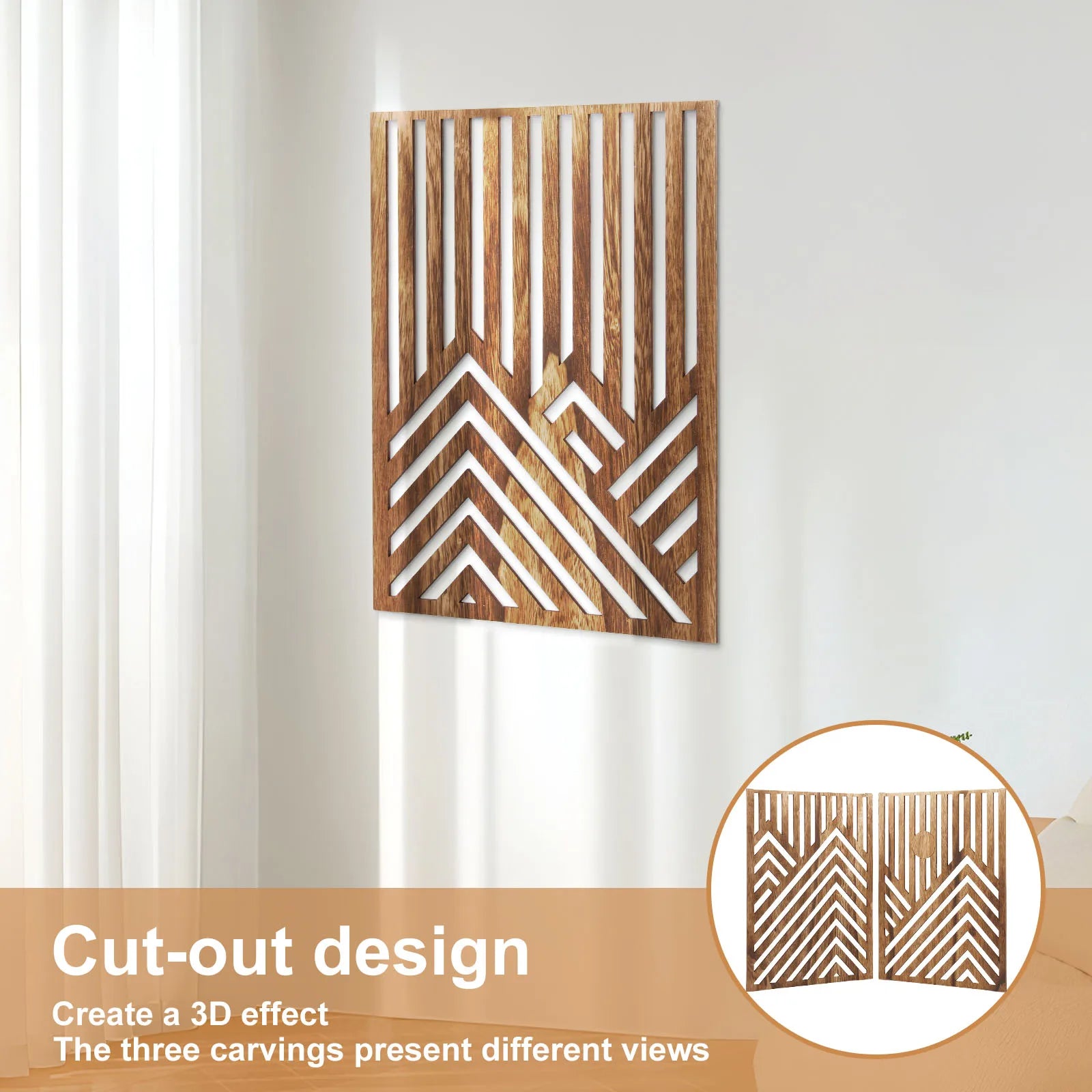 3pcs wood wall art sculpture decor openwork ornament easy to hang timber artwork for living room - light brown