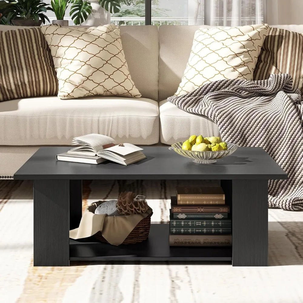 2-tier coffee table modern rectangular center cocktail with 5 support legs wooden accent living room furniture