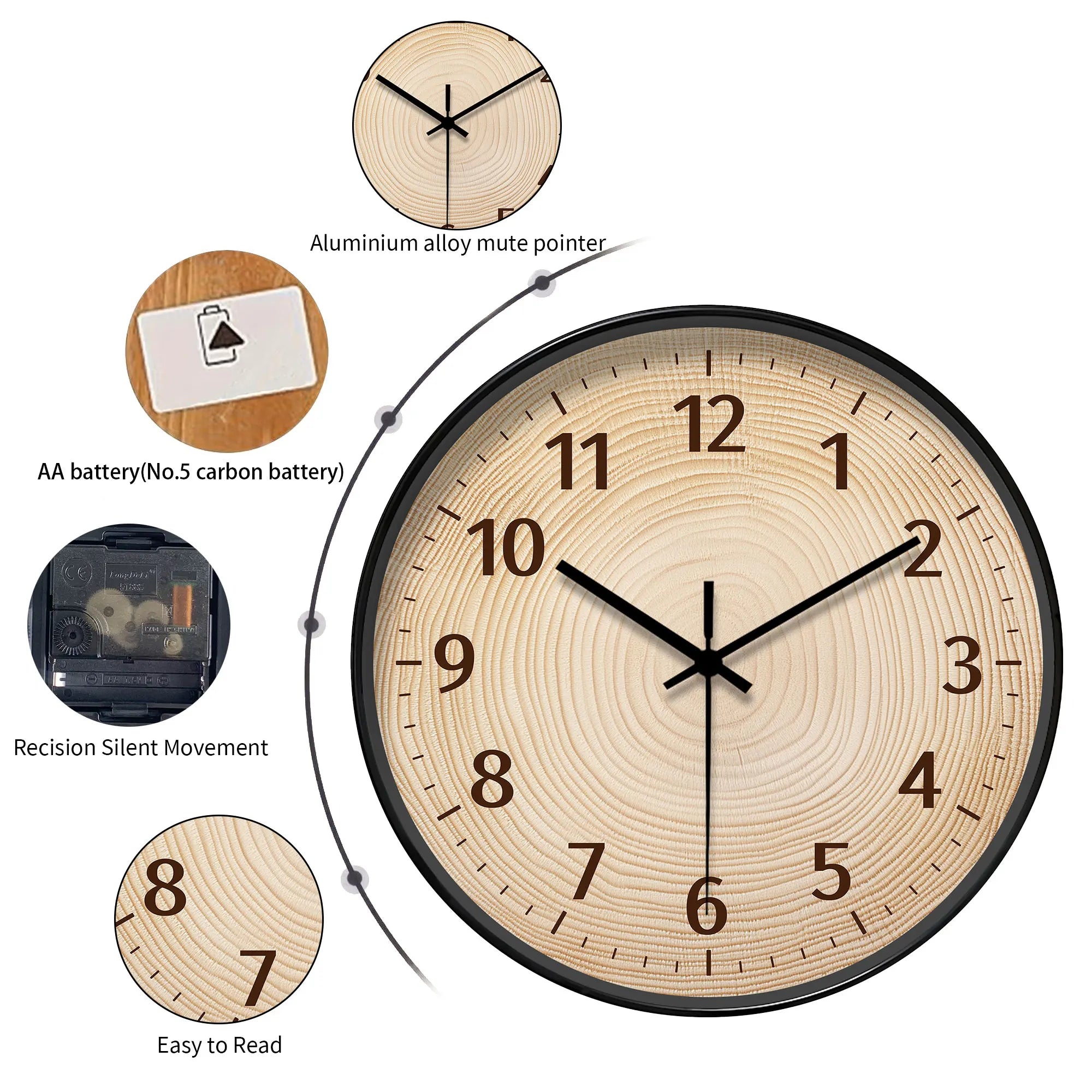 Round wood - grain decor wall clock tree - ring pattern (batteries not included) 10-16 inches