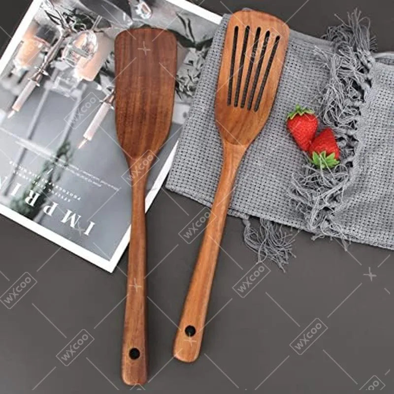2pcs natural teak wood spatulas cooking utensils turner non-stick durable heat resistant