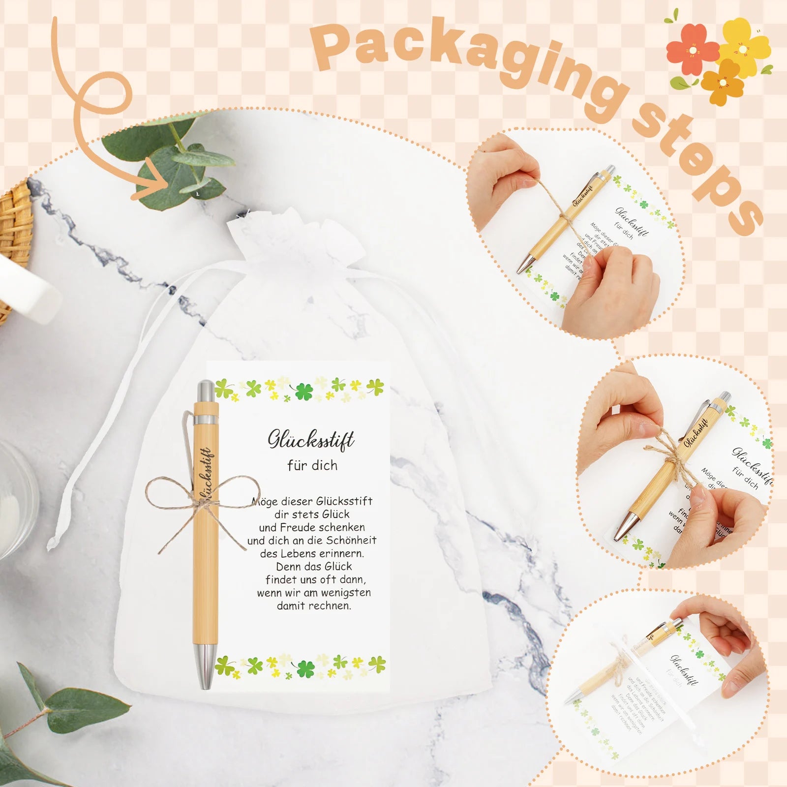 24 sets employee appreciation pen bamboo thank you with hemp rope paper card and clear gauze bag for coworker staff