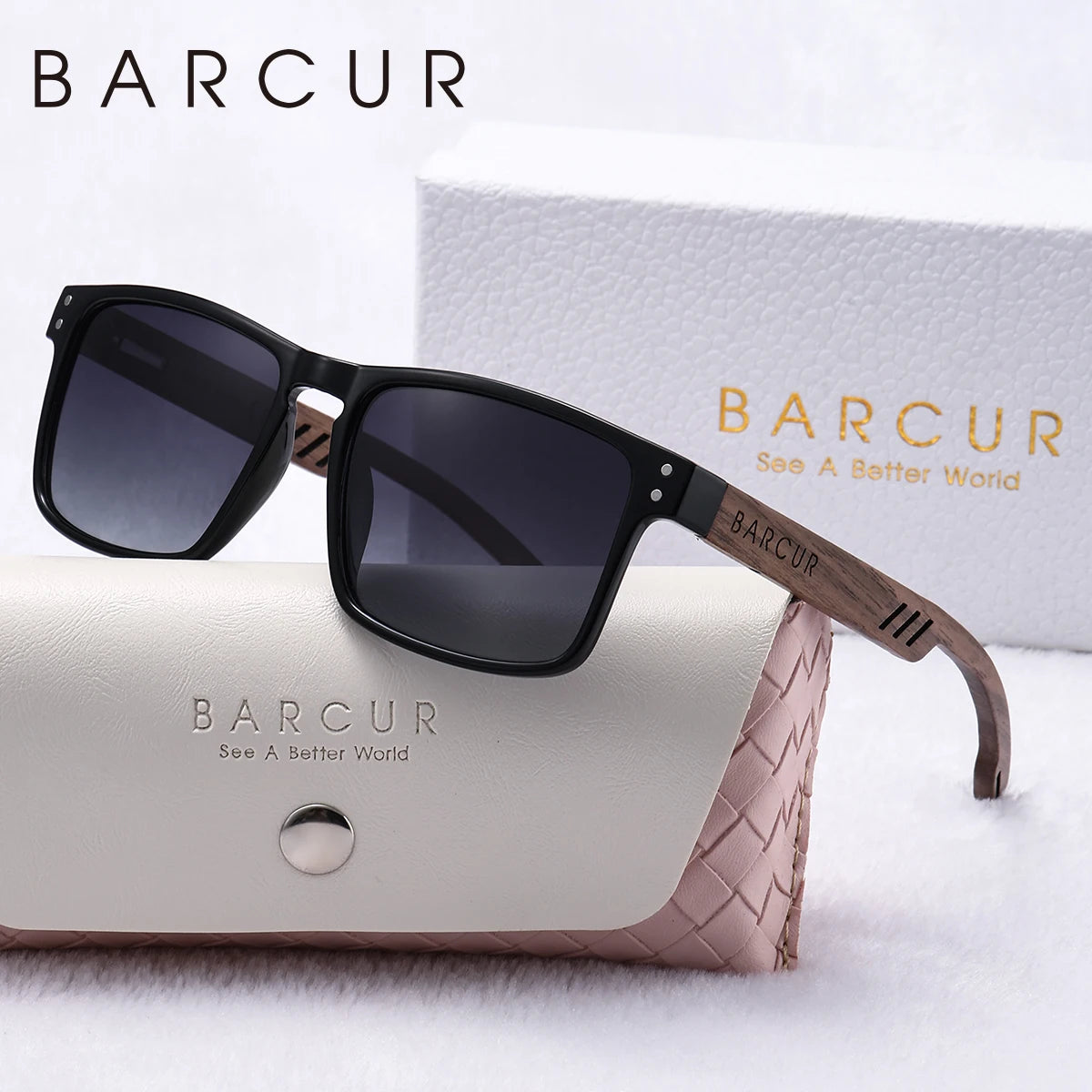 Barcur fashion double round nail polarized sunglasses walnut foot spring hinge pure natural wooden uv women