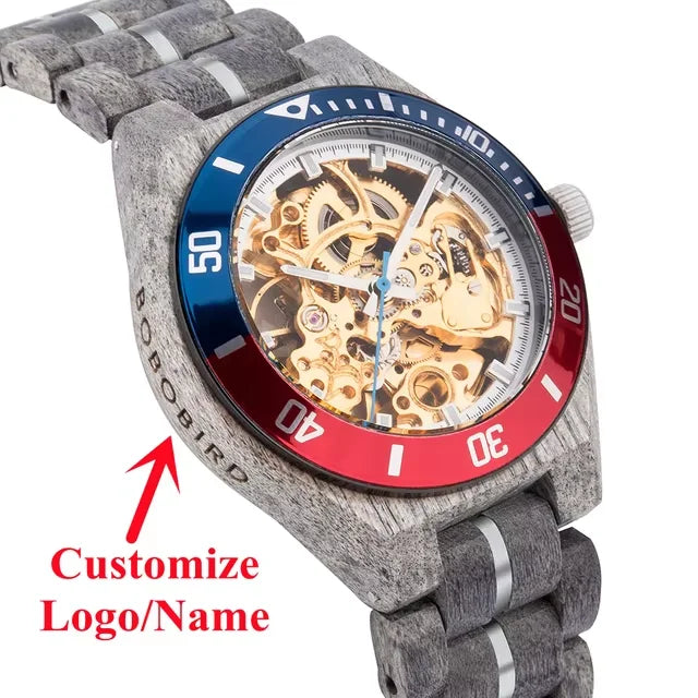 Wooden automatic mechanical watch men wristwatch bobo bird top fashion luminous hands clock custom gift box relogio