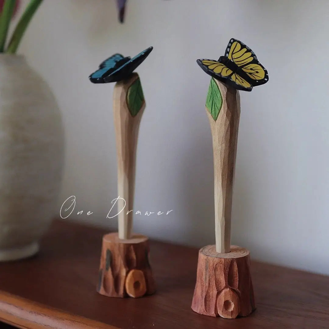 Dual-purpose vintage butterfly wood art pen，writable & display sculpture，handcrafted solid creative gift - yellow