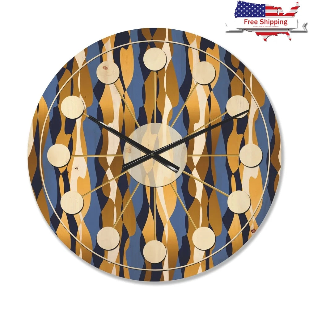 mid-century-modern-wood-wall-clock-retro-blue-gold-art-decor-ready-to-hang-unique-design-100-natural-pine-easy-to-install