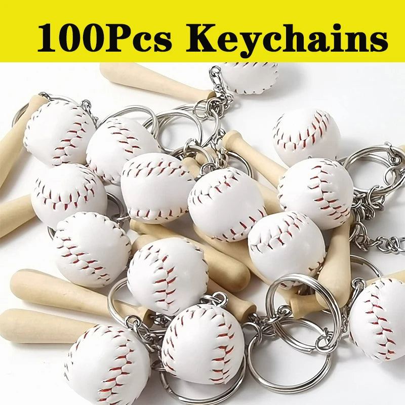 100pcs sport baseball keychains for car wooden charms keyrings women men handbag key chains diy accessories - white