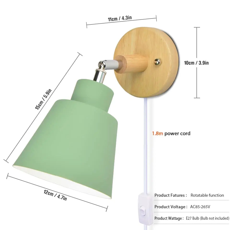 Nordic wood wall lamp with plug and 1.8 meters line cable knob switch creative bedside wall light eu wooden base
