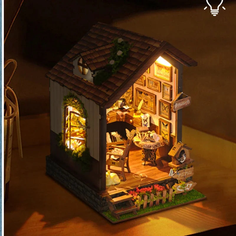 Butterfly house bookend miniature model kits diy wooden book nook shelf kit with lights bookshelf for friends birthday