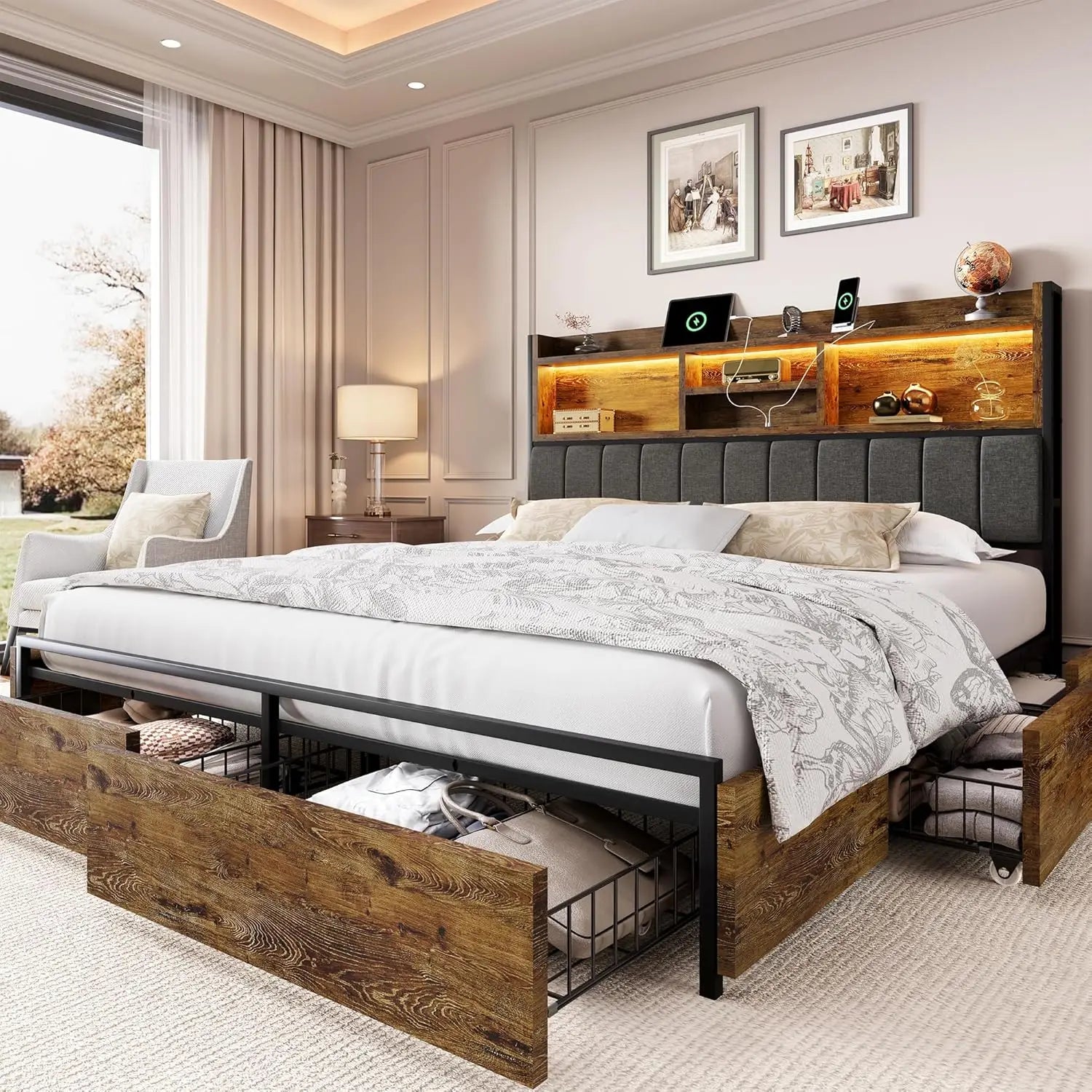 King size storage bed frame – 6 built-in drawers wooden headboard & led lights with charging station - brown and grey