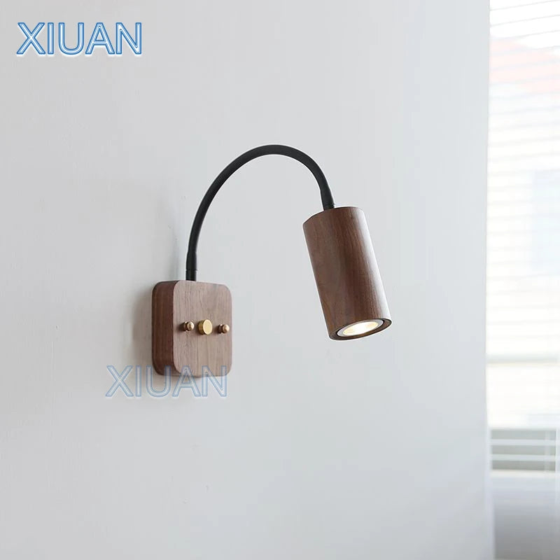 Vintage retro walnut wood color wall lights 360 degree rotatable lamp arm japanese bedroom bedside reading with switch