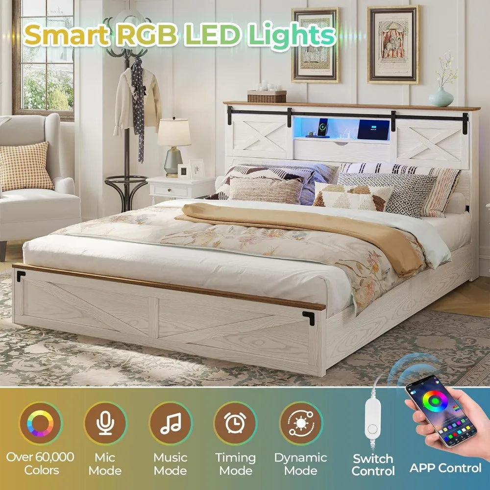 Hasuit farmhouse bed frame california king size with storage bookcase headboard wooden cal led lights charging s