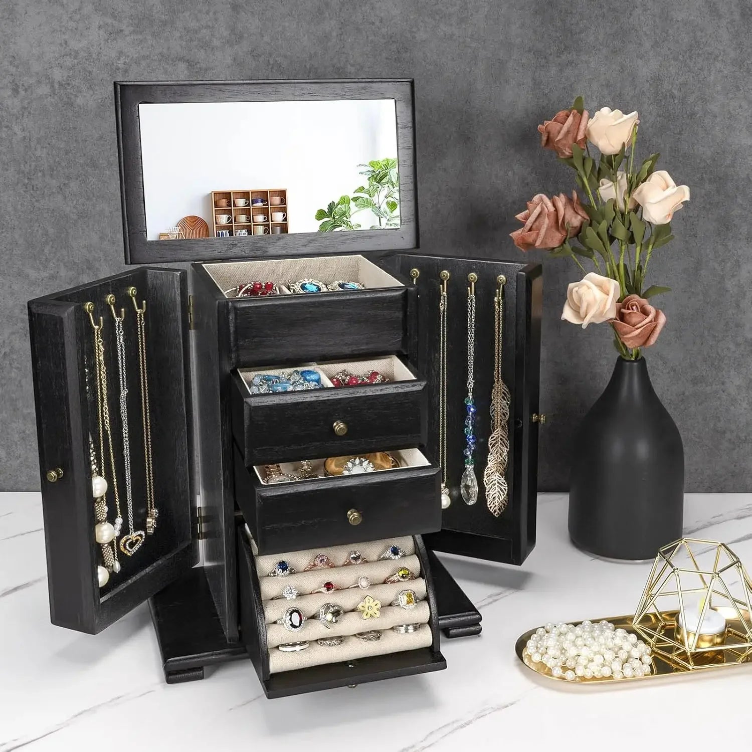 Jewelry box for women rustic wooden boxes & organizers with mirror 4 layer organizer display - box