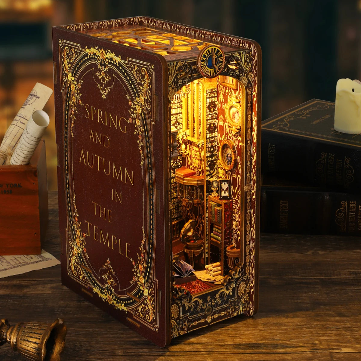 New diy book nook miniatures shelf insert dollhouse model building kit wooden bookshelf bookend home decoration year