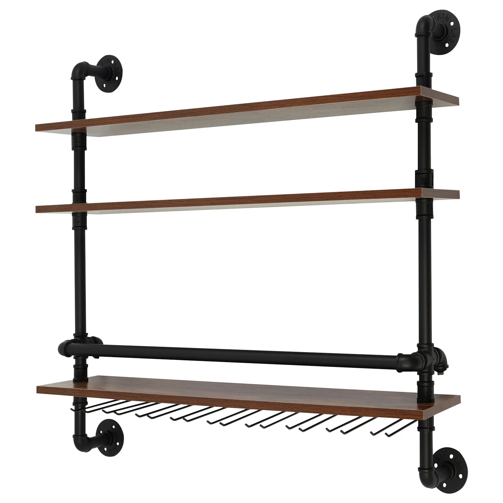 Industrial 3-tier wall mounted wine rack with glass holders guard rails iron wood for bottle storage floating shelves
