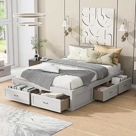 Merax platform bed queen size wooden frame with 6 storage drawers without headboard design wood slat support no box