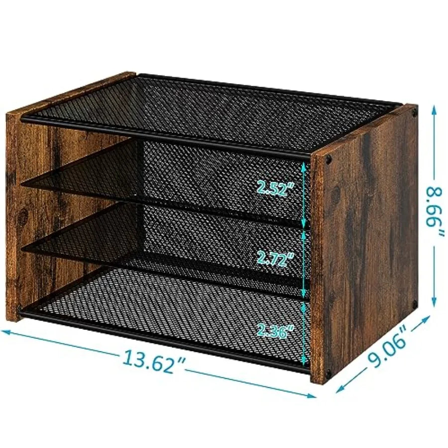 3-tier stackable wooden and metal mesh desk organizer for office supplies rustic brown paper letter tray
