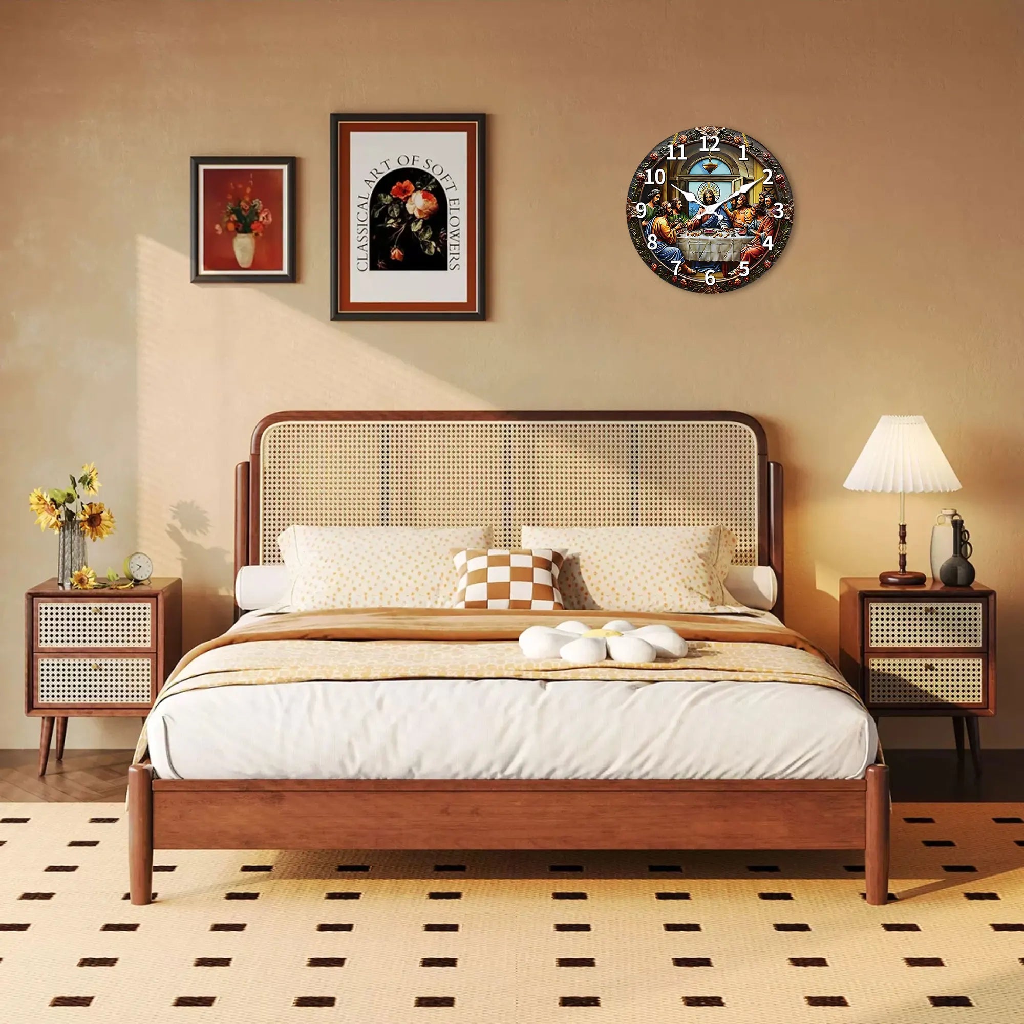 A wooden veneer wall clock ’last supper’ themed design flat non-ticking silent living room bedroom office,